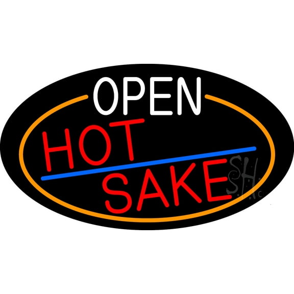 Open Hot Sake Oval With Orange Border LED Neon Sign 20 x 37 - inches, Clear Edge Cut Acrylic Backing, with Dimmer - Bright and Premium built indoor LED Neon Sign for Bar decor.
