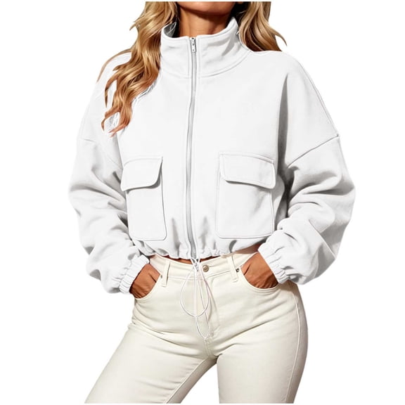 Pocket Cropped Hoodies for Women Zip Up Long Sleeve Trendy Pullovers Tops Cinched Waist Solid Hooded Sweatshirts Standing Neck Basic 2026 Fall Shopping Wear