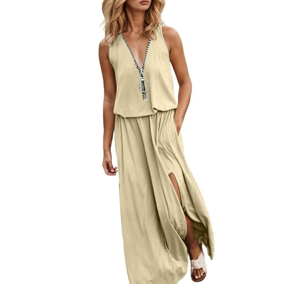 oqasdz Womens Dresses V Neck Sleeveless Slit Long Length Vest Dress Loose Casual Wedding Prom Dress,L