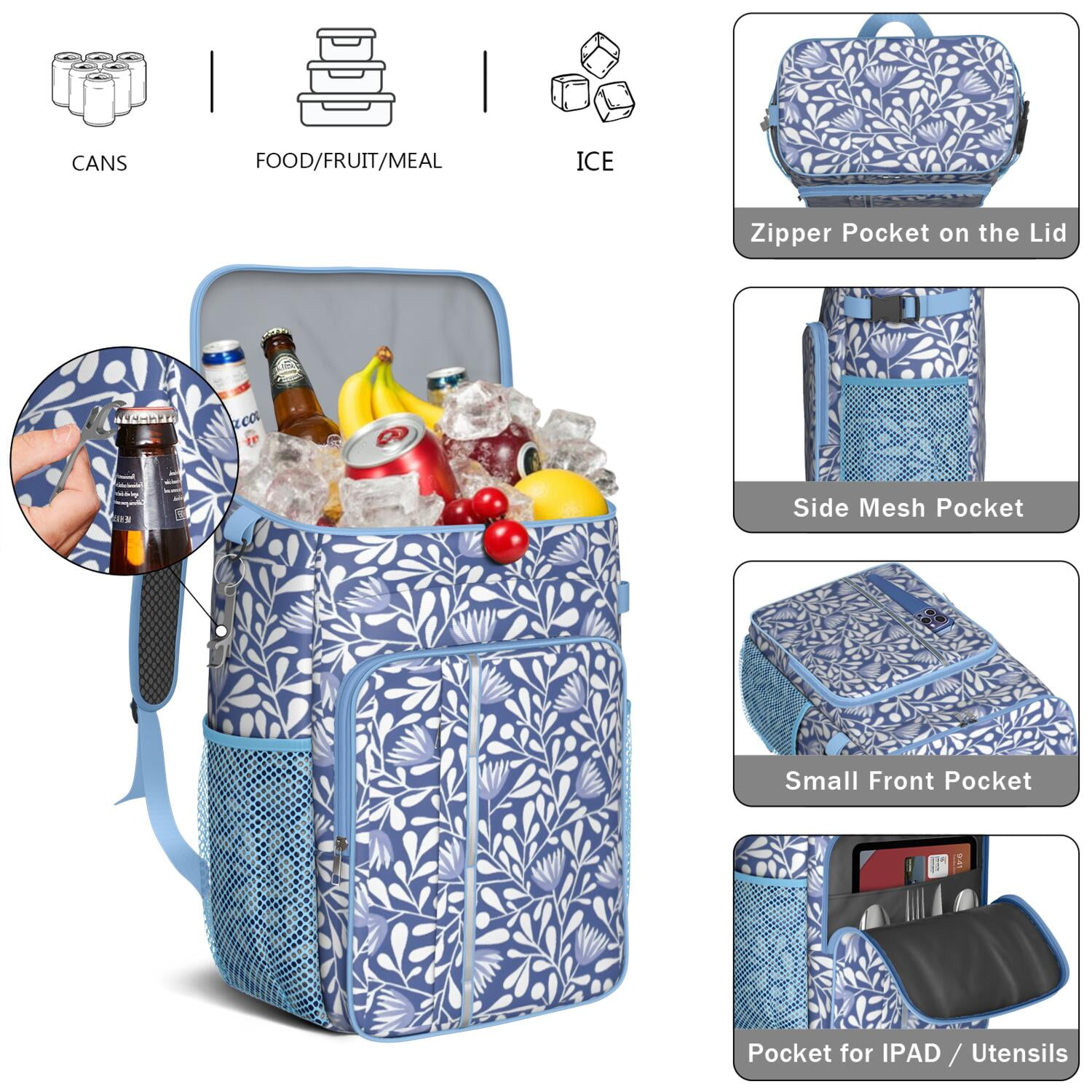 Travel Cooler Bag - Boho Bohemia Flower Camping Beer Cooler Backpack with Bottle Opener- Waterproof Insulated Picnic Backpacks - Cooler Bag for Beach
