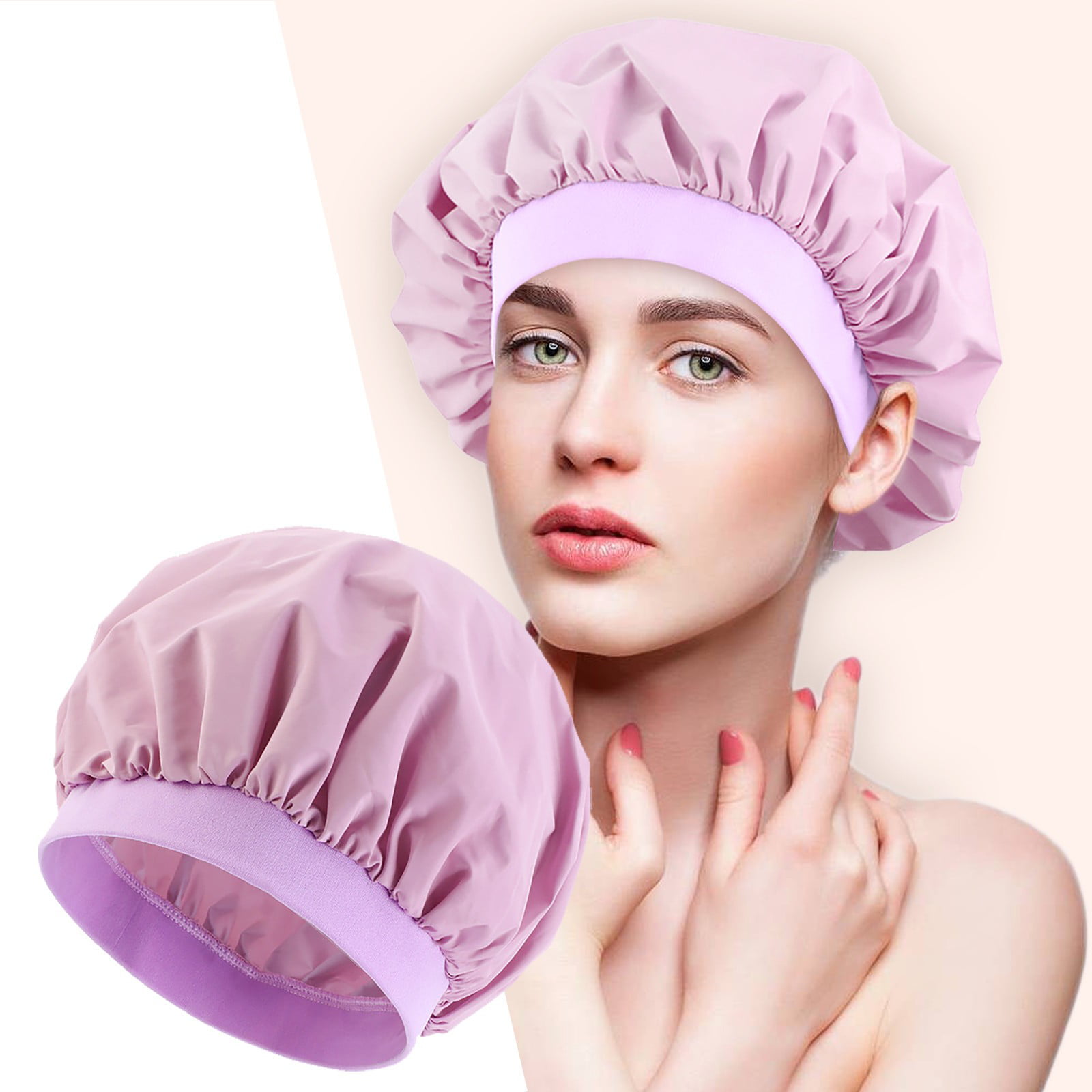 GHJUU Double layer Shower Cap Dot Printed Water Resistant Elastic Bath Cap for Women Shower Spa Salon,Beige 