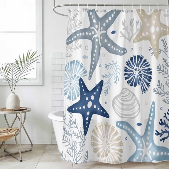 Blue Starfish Coastal Shower Curtain, Waterproof Shower Curtains for Bathroom, Summer Beach Nautical Coral Sea Washable Fabric Cloth Bathroom Curtain Set Bathtub Decor with Hook 48''x72''