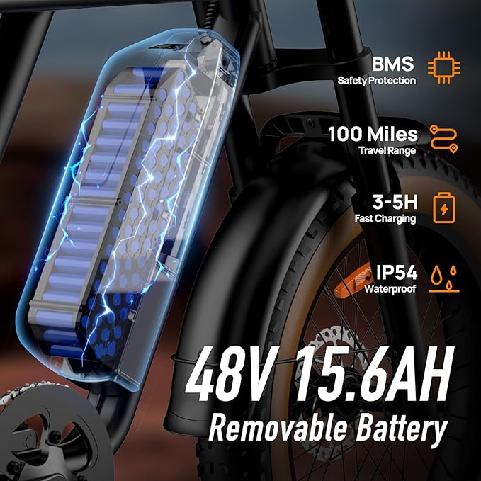 Electric Bike for Adults  20", 750W Peak Motor, 48V 15.4Ah Removable Battery, Max 100Miles Electric Motorcycle, Fat Tire Ebike, Shamano 7-Speed E-Bike, UL2849