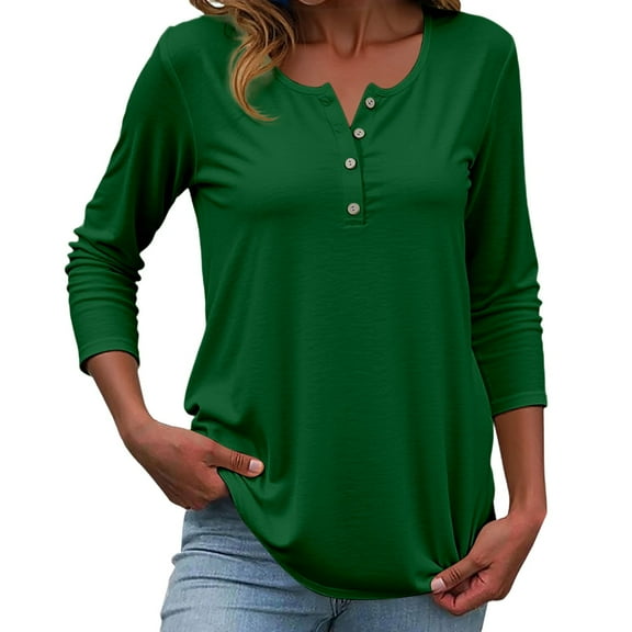 Razzly Women's Basic Casual Button Down Short Sleeve Round Neck T-Shirt Comfortable Soft Breathable Everyday Top for Spring and Fall(Dark Green,L)