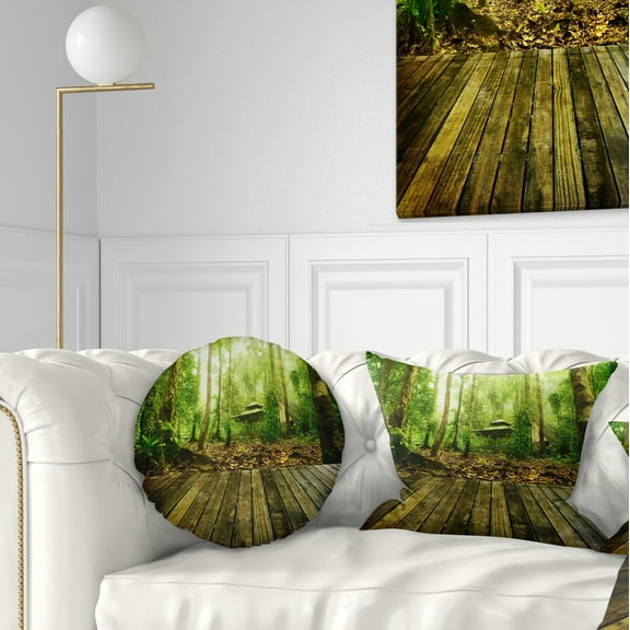 Designart Wooden Platform in Green Forest - Landscape Photography Throw Pillow - 12x20