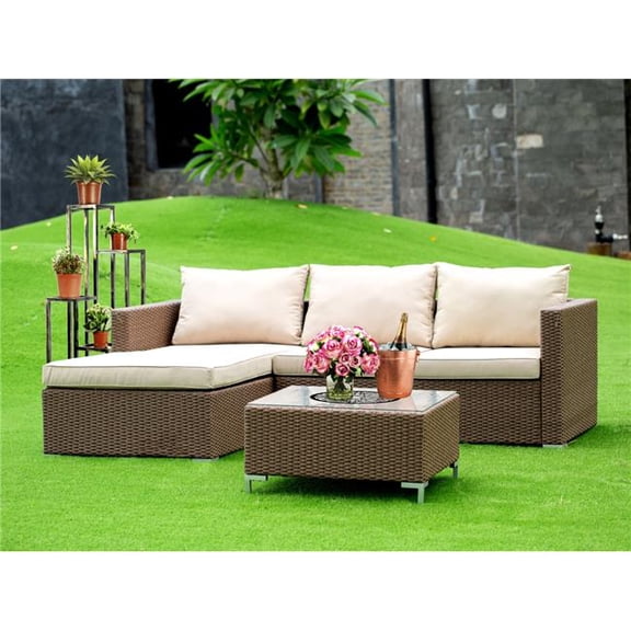 3 Piece Ackerly Brown Wicker Outdoor-furniture Sectional Sofa Set - Brown