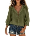 thumbnail image 2 of Elwylmiz Women's 3/4 Sleeve Tops Lace Up V Neck Blouses Boho Ruffled Trim Loose Fit Casual Shirts Summer Fall Outfits, 2 of 7