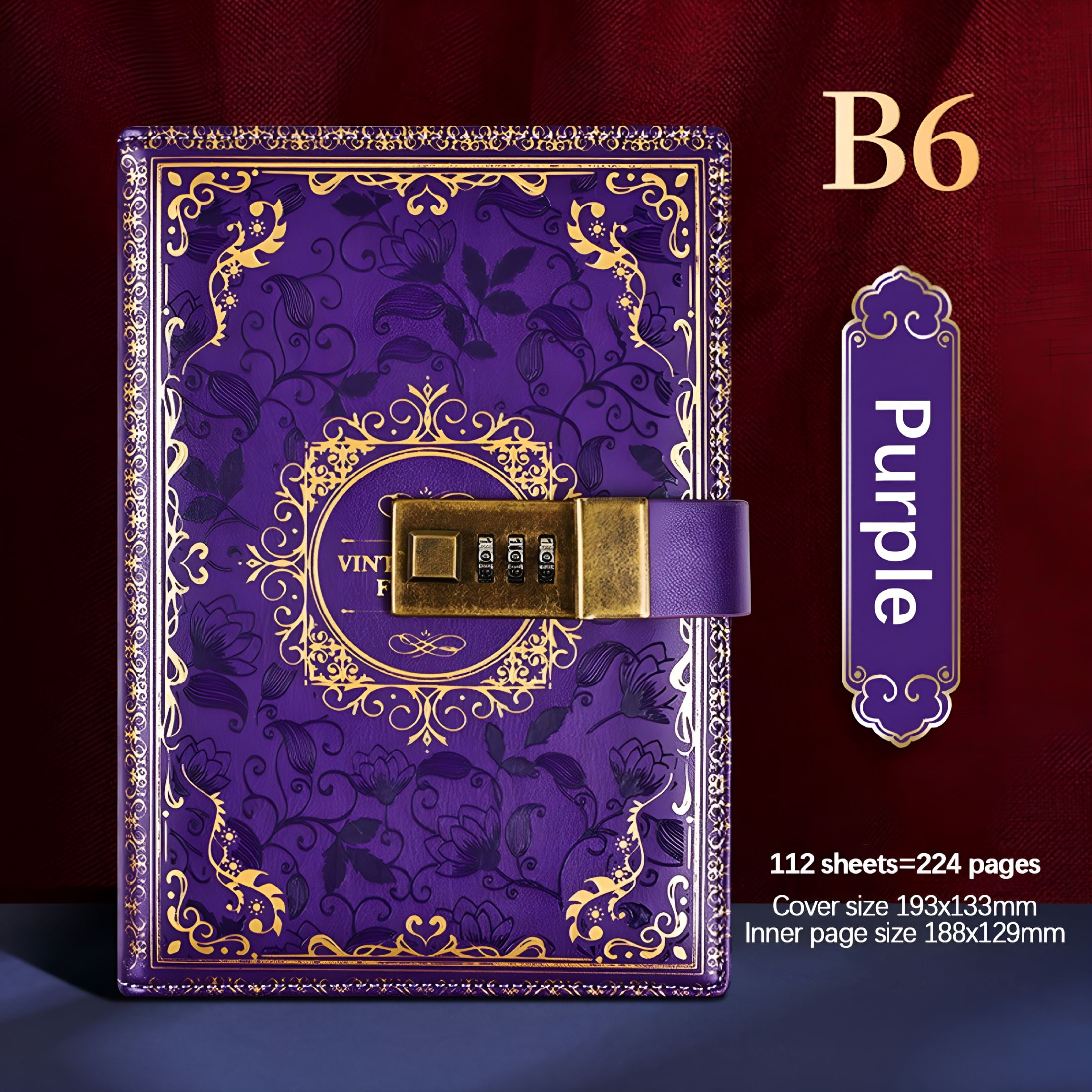 CCOCC 2026 New Vintage Old Diary with Lock,A5 Locking Journal Leather Refillable Writing Notebook with Lock Combination Password Lock Journal with Pen&Gift Box Lock Diary for Adults Men&Women Purple