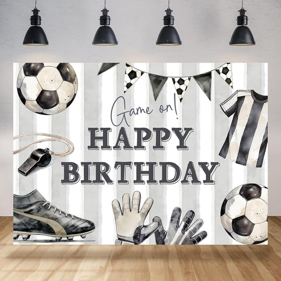 7x5FT Soccer Themed Happy Birthday Backdrop for Boys Football Stripe Sports Photography Background Happy Birthday Party Decorations Cake Table Banner Supplies Photo Booth Props