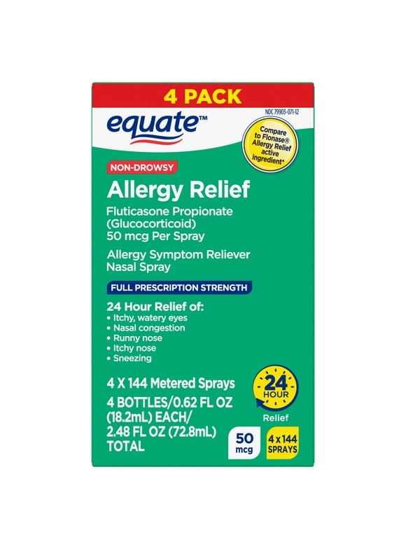 Equate Non-Drowsy Fluticasone Propionate Allergy Relief Nasal Spray, 50 Mcg, 144 Metered Sprays, 4 Pack
