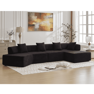 Newboti Furniture Modern Minimalist 140" L-Shape Couch ,No Assembly Required,Boucle,Modular Sofa ,Couch with Chaise,Free Combination Foam-Filled Sofa, 4 Seats,Black 58601