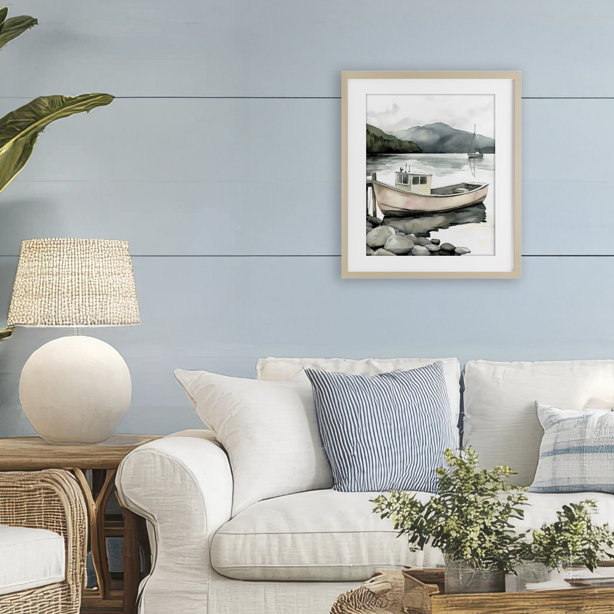 Stupell Industries Coastal Calm Docked Boat Birch Framed Print Under Glass, design by Riley B