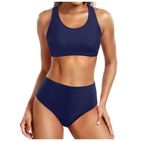 TOWED22 Women s Crop Top High Waisted Cheeky Bikini Set Solid Color Two Piece SwimsuitsDark Blue S