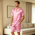 thumbnail image 5 of Men Satin Pajama Set Sleepwear for Man Summer Short Sleeve Button-Down Shirt & Shorts Pajamas 2 Piece Home Clothes Short Suit Pink 3XL, 5 of 6