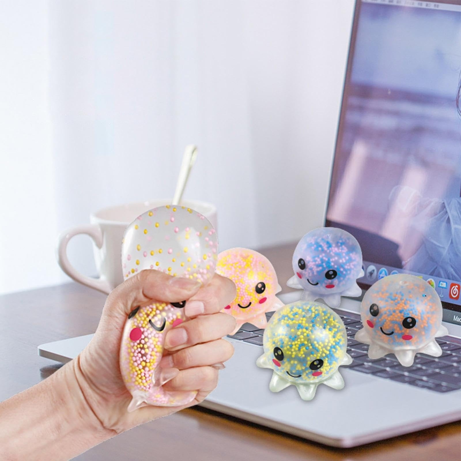 GAFRBALLV Octopus Stress Ball Set, 4 Pack Cute Squeeze Stress Relief Fidget Toys, Party Favors and Birthday Gifts