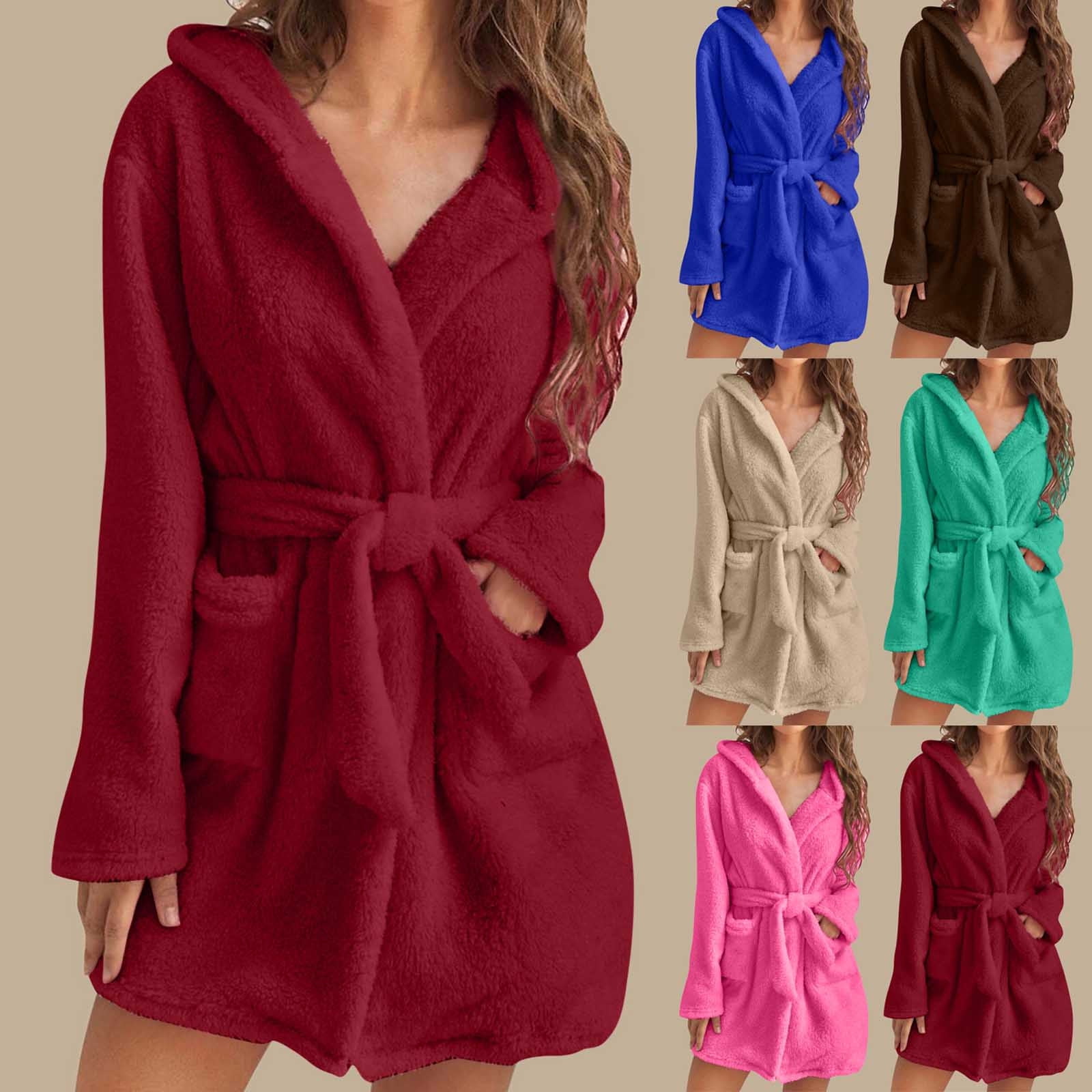 EQWLJWE Plush Robe Short for Women Fleece Robes with Hood