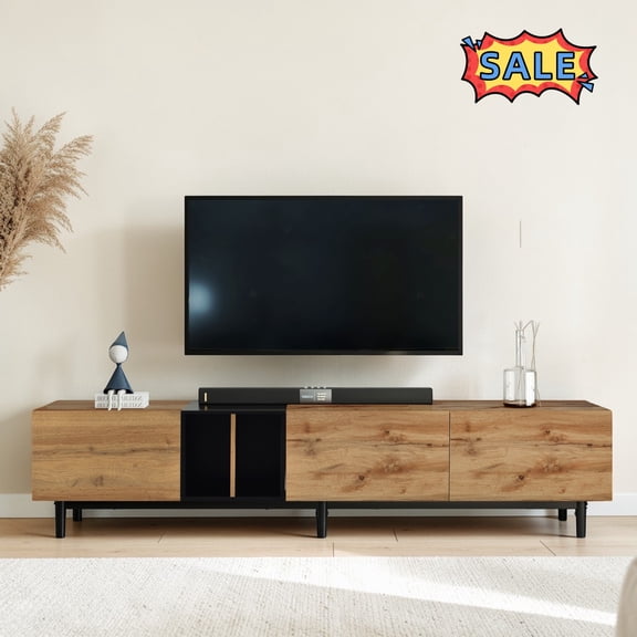 Tcbosik 76.8" TV Stand with Open Shelf and 3 Flip Doors, Minimalist Entertainment Center for TVs Up to 80”, Sturdy TV Console for Living Room Bedroom, Natural