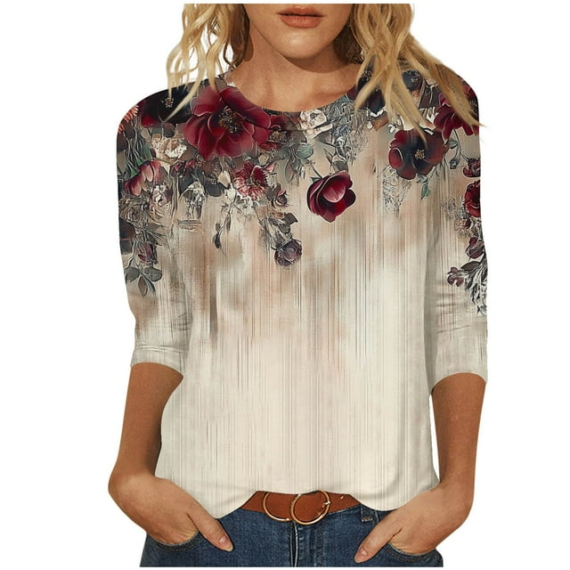 KIHOUT Nouvelles Chemises de Printemps pour Femmes T-shirt Ample Imprimé pour Dames Blouse à Manches 3/4 Col Rond Hauts Décontractés