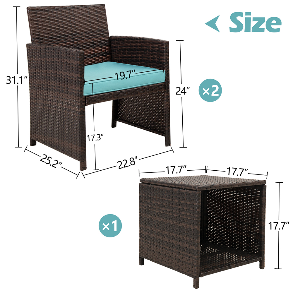 Kadyn 3 Pieces Outdoor Patio Wicker Furniture Sets, PE Rattan Chair Patio Conversation Sets with 2 Soft Cushions Single chairs and Coffee table, Rattan Conversation Set for Balcony, Teal Kadyn 3 Pieces Outdoor Patio Wicker Furniture Sets, PE Rattan Chair Patio Conversation Sets with 2 Soft Cushions Single chairs and Coffee table, Rattan Conversation Set for Balcony, Teal