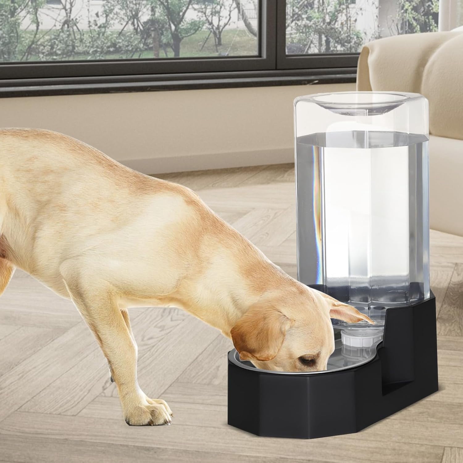 Black 8L Gravity Dog Water Dispenser - Fewer Refills for Multi-Pet Homes, No Power Needed, Spill-Proof, Easy Refill & Maintenance, with Stainless Steel Bowl, for Large Dogs, for Garage/Patio