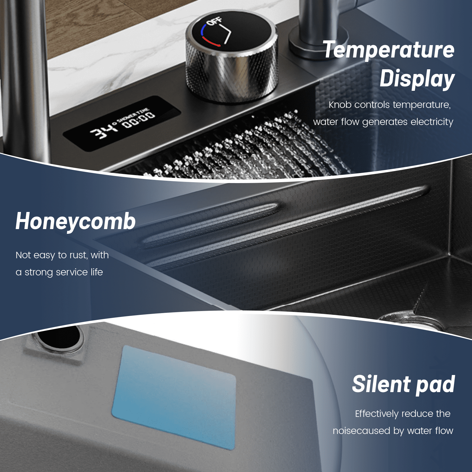 31.5 In Smart Waterfall Kitchen Sink with Temperature Display Faucet,Black Stainless Steel Drop In Single Bowl Sink,Topmount Workstation Bar Sink,with Knife Holder & Accessories