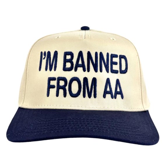 I’M BANNED FROM AA Hat, Funny Trucker Cap with Bold Embroidered Statement, Adjustable Snapback Baseball Hat for Parties, Humor, and Casual Wear