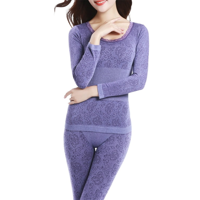 PERZOE Women Outfit 1 Set Women Long Johns Fashion Pattern Lace Long Sleeve  O-Neck Winter Solid Color Thermal Underwear Suit Pajama Set Women Clothing