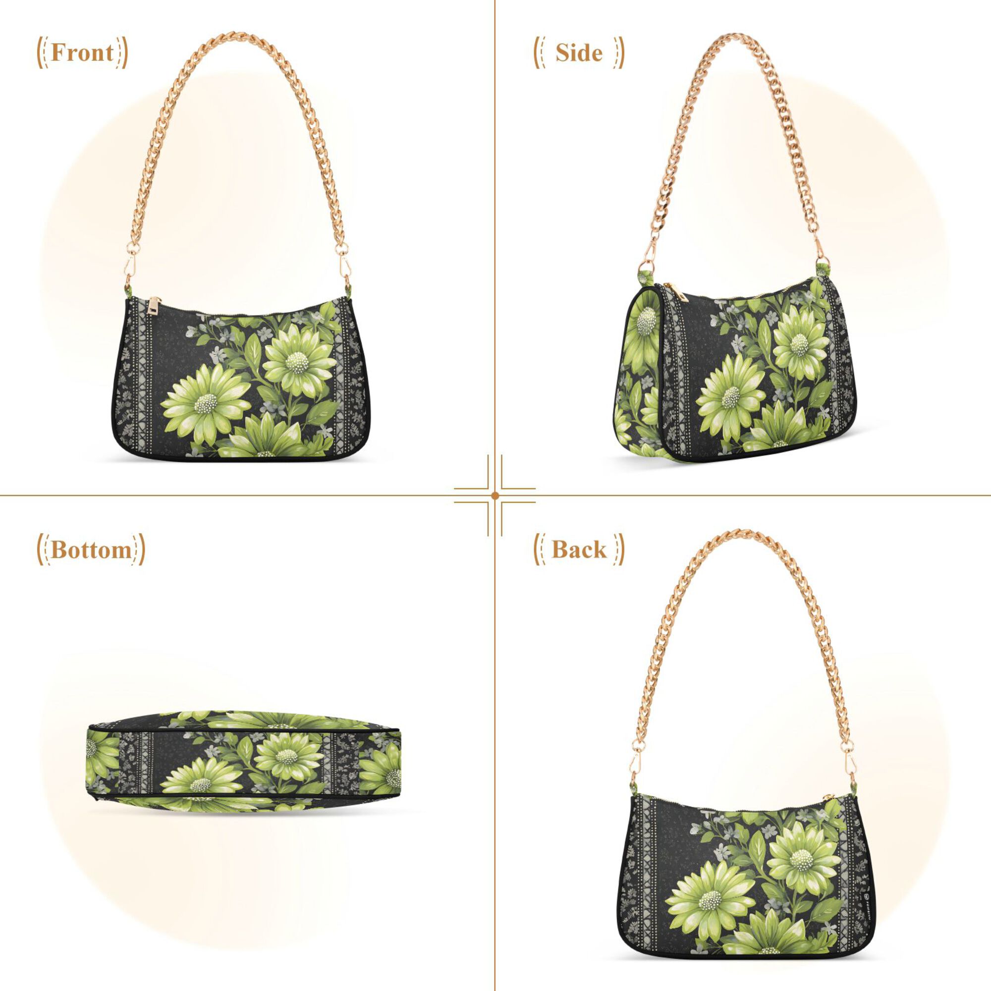 FORMRS Womens Shoulder Bag with Chain Strap Clutch Purse Cute Tote Handbag, Green Flowers