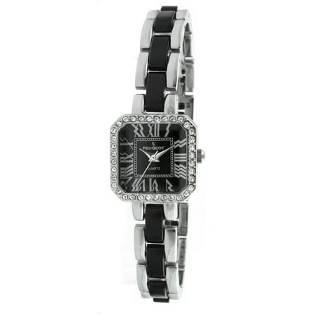 Women's 7072BK Acrylic Link Crystal Accented Silver-tone Black Watch