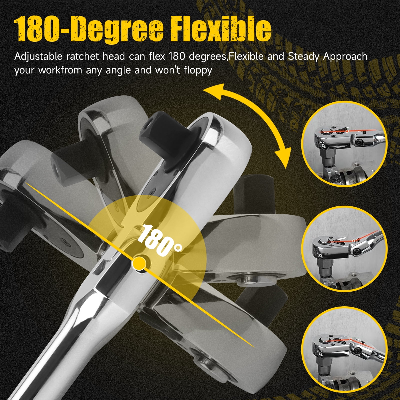 6-Piece Flex Head Ratchet Set, 1/4", 3/8", 1/2" Drive, Swivel Head Ratchet Wrench with Extension Bar, 72 Tooth, 180° Adjustable, Quick-Release, Flexible Ratchet Handle