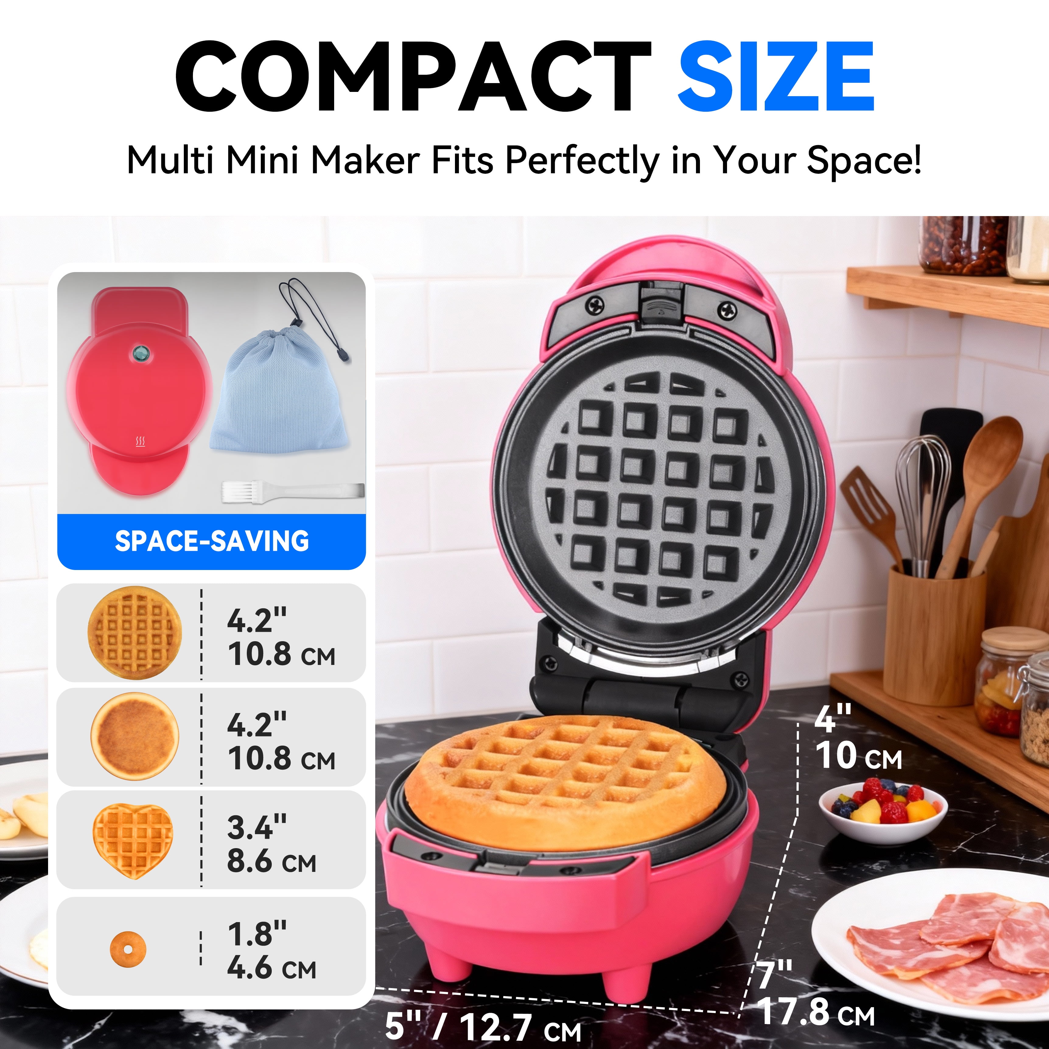 Mailand 4-in-1 Small Waffle Maker, Waffle Iron Mini with  Removable Plates(Pancake, Donuts, Heart Shape Waffle & Round Waffle), Red