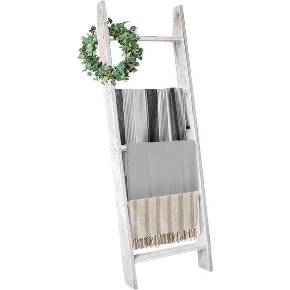 Honest Blanket Ladders for The Living Room, 5-Tier Blanket Holder, Wall-Leaning Blanket Rack, Ladder Shelves, Wooden Quilt Ladder, Farmhouse Decor, White