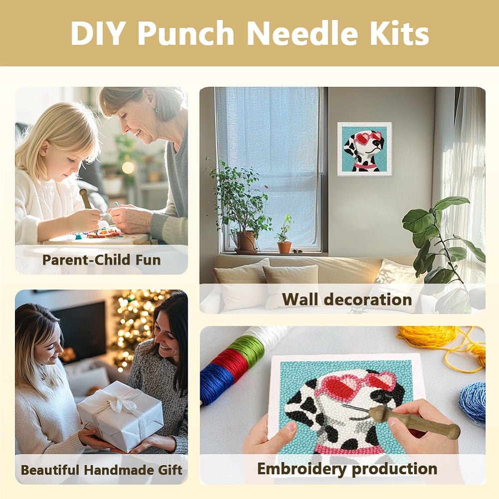 Polyester Cotton Punch Needle 8Folded Yarns Embroidery Kits Included Threader Cotton Thread Punch Needle Thread Clips 3.5MM Wooden Needle Dog