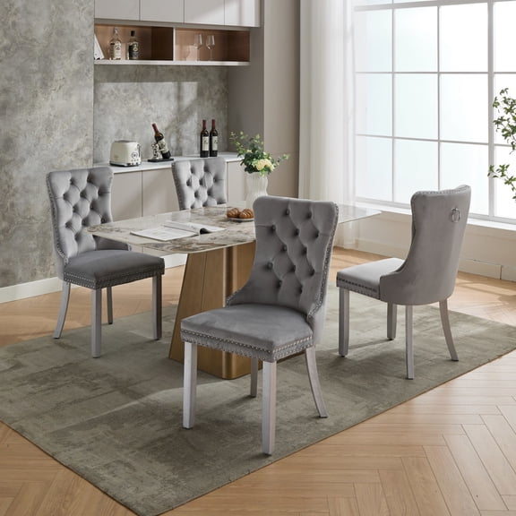 GDF Studio Set of 2 Modern Tufted Velvet Dining Chairs with Solid Wood Legs, Nailhead Trim, Light Gray Upholstered