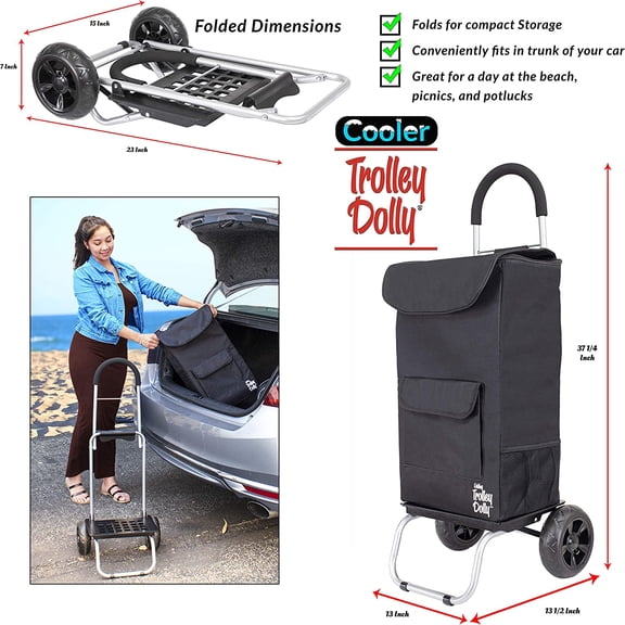 Cooler Trolley Dolly, Black Insulated Cooler Bag Folding Collapsible Rolling Shopping Grocery Tailgating BBQ Beer Ice Cart