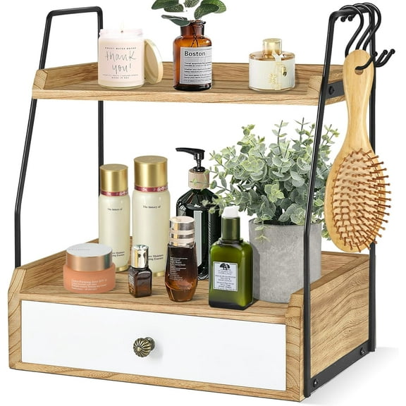 2 Tier Bathroom Counter Organizer with Drawer, Perfume Tray for Bathroom Organizers and Storage, Wood Makeup Tray for Sink Shelf, Perfume Skincare Kitchen, Coffee Bar, Bedroom