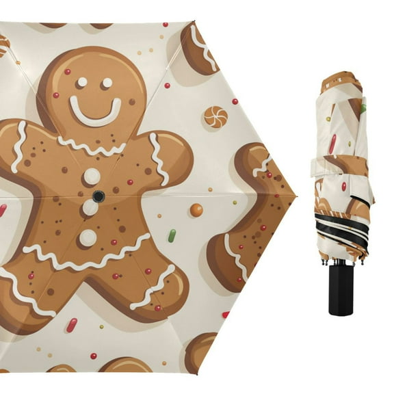 Gingerbread Man Cartoon Christmas All Weather Umbrella Triple Folding Parasol 6 Ribs UV Protection Portable