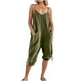 thumbnail image 5 of Womens Casual Linen Jumpsuit with Pocket Spaghetti Strap Capris Pants Rompers V Neck Lace-Up Loose Fit Summer Outfits, Green, XL, 5 of 6