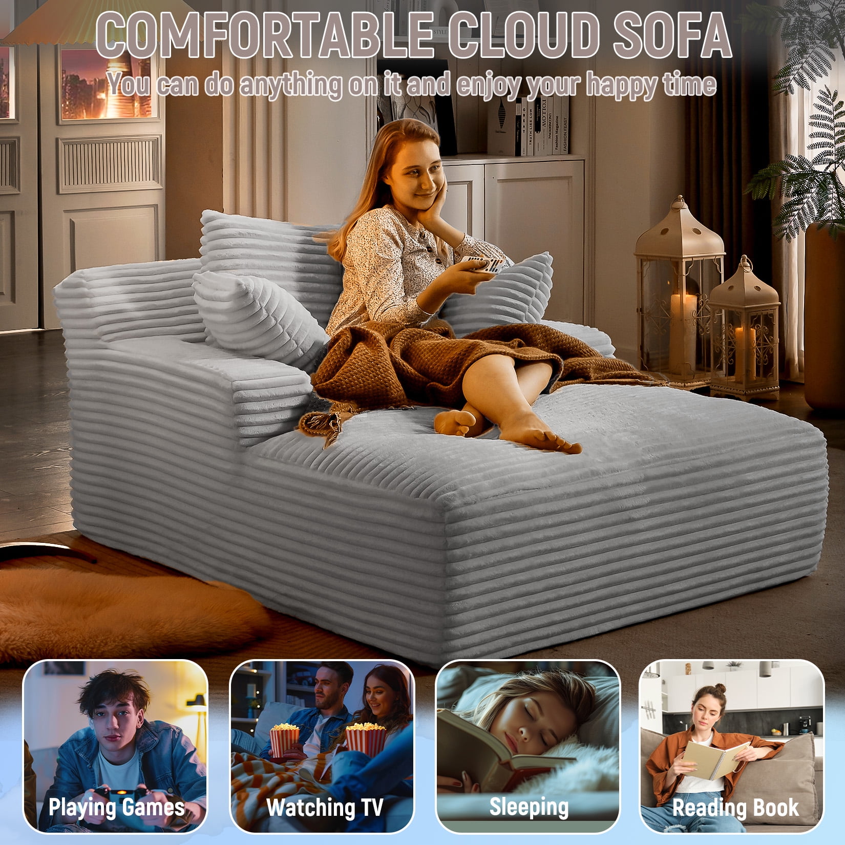 Chaise Lounge Chair Indoor, 50'' Upholstered Sofa Bed with 2 Throw Pillows, Comfy Lounge Indoor, Sleeper Reading Chair, Oversized Recliner Sofa, Fluffy Couch (Blue)