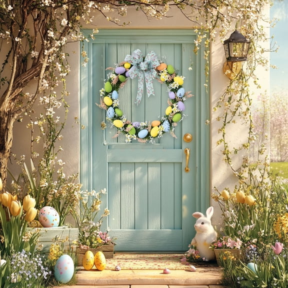 Easter Decorations For Home Easter Front Door Wreath With Colored Egg Spring Assorted Tree Decorations Colorful Indoor Outdoor Home Decor Patio Porch Bunny Decor Easter Egg Decoration