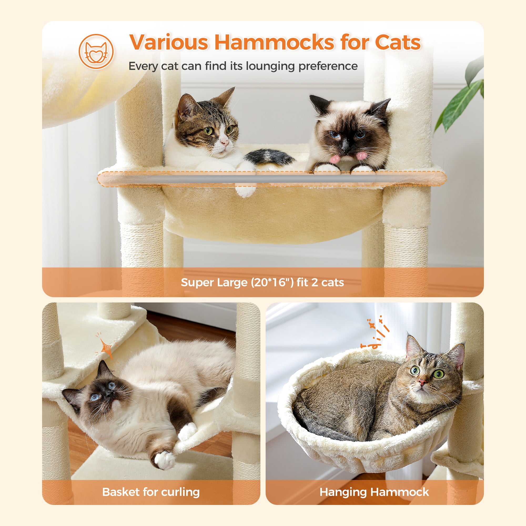 Kadyn 69" Cat Tree Tower for Indoor Large Cats, Fat Cats with Big Hammock, Cat Climbing Tree with Scratching Posts, Condo House and Top Perch, Beige