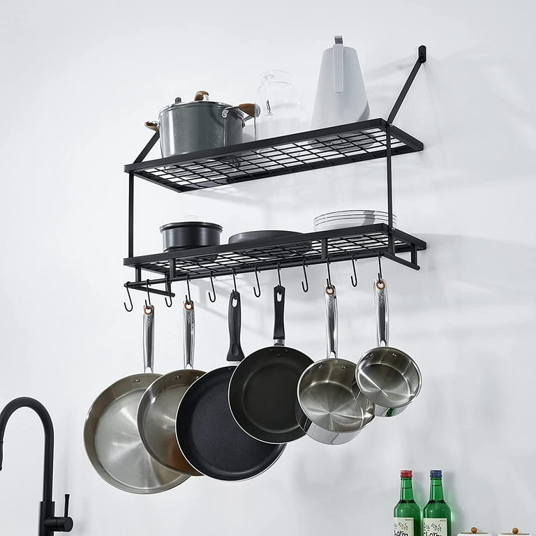 Wall Mounted Hanging Pot and Pan Rack for Kitchen Storage and Organization  - 2-Tier Wall Shelf for Pots and Pans Storage