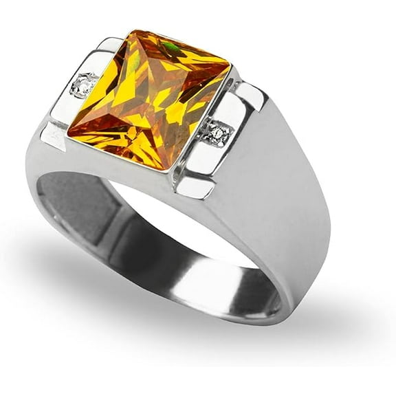 Divine Creation 14K White Gold Plated 1.50 Ct Emerald Cut Yellow Citrine Wedding Engagement Band Pinky Ring 925 Sterling Silver For Men's -5