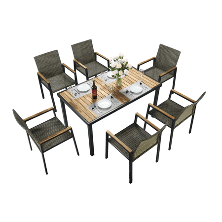 7-Piece Outdoor Dining Set with Umbrella Hole & Stackable Chairs, Weatherproof Wicker Patio Table & Chairs with Solid Wood Tabletop for Backyard & Garden