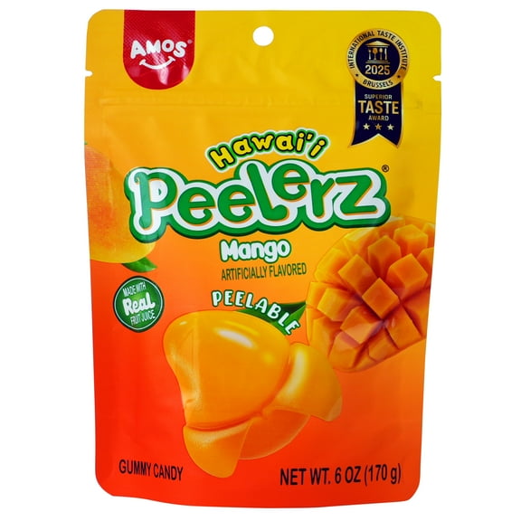 AMOS Peelerz Mango Gummy Candy, Brand = AMOS, Size = 6 oz, Container Type = Resealable Bag, Allergens = None