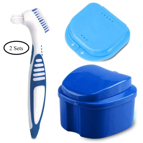 TWO sets Denture Bath Case Cup with Denture Cleaner Brush & Retainer Holder Box, Complete Clean Care for Dentures, Clear Braces, Mouth Guard, Night Guard & Retainers,Traveling