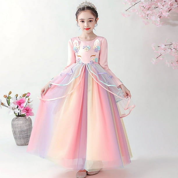Vestido de malla para niña, vestido de verano para niña, unicornio, vestido de malla con velo abullonado de arcoíris para niña de las flores, vestido de princesa