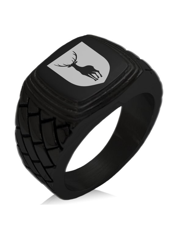 Stainless Steel Stag Purity Coat of Arms Shield Geometric Pattern Step-Down Biker Style Polished Ring