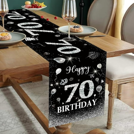 

70th Birthday Table Runner Black Silver 72 Inches Long Happy 70th Anniversary Decor NonSlip Dining Linen Cloth Men/Women Party Decor
