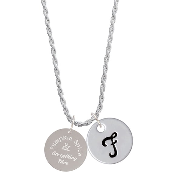 Delight Jewelry Stainless Steel Pumpkin Spice and Everything Nice Disc - Silvertone Script Initial Disc - F - Charm Necklace, 20"+3"